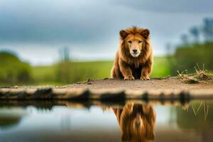 a lion sitting on the ground near a pond. AI-Generated photo