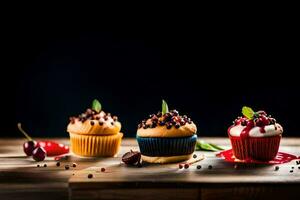 three cupcakes with toppings on a wooden table. AI-Generated photo