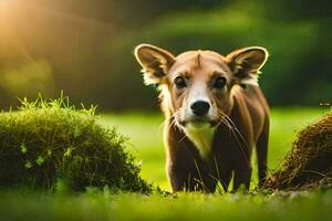 a dog is standing in the grass with a mound of grass. AI-Generated photo