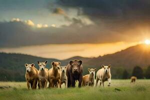 un manada de vacas y un oso caminando juntos. generado por ai foto