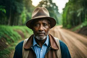 an older man wearing a hat and jacket standing on a dirt road. AI-Generated photo