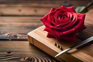a red rose on a wooden table with a knife. AI-Generated photo