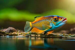 a colorful fish is standing on the water. AI-Generated photo