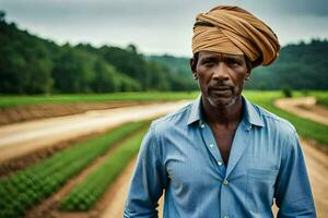 un hombre en un turbante soportes en un campo. generado por ai foto