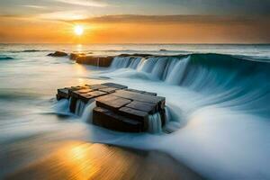 a long exposure photograph of waves crashing into the shore at sunset. AI-Generated photo