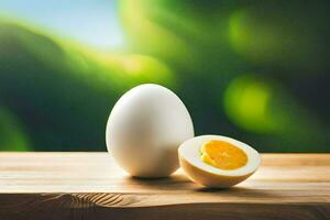 an egg and half of it on a wooden table. AI-Generated photo