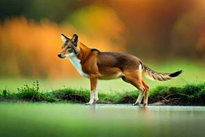 a fox standing on the edge of a river. AI-Generated photo