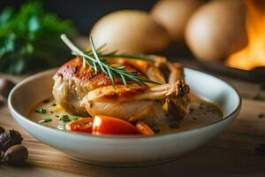 a chicken breast with vegetables and herbs on a plate. AI-Generated photo