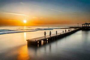 people walking on a pier at sunset. AI-Generated photo