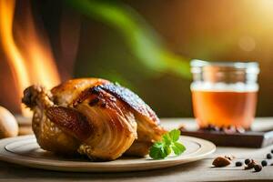 asado pollo con un vaso de vino. generado por ai foto