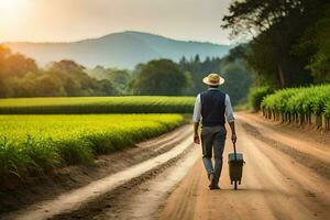 un hombre caminando abajo un suciedad la carretera con un maleta. generado por ai foto