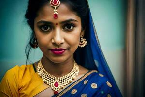 un hermosa indio mujer vistiendo un sari y joyas. generado por ai foto