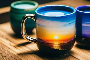 three colorful coffee mugs with sunset on them. AI-Generated photo