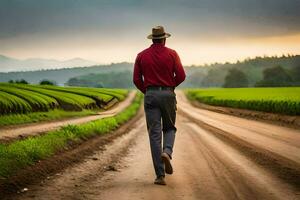 a man in a hat walks down a dirt road. AI-Generated photo