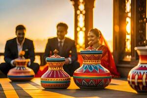 a couple sitting on the ground with colorful vases. AI-Generated photo