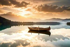 un barco es flotante en un lago a puesta de sol. generado por ai foto