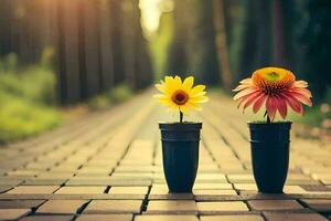 two flower pots with flowers on a brick path. AI-Generated photo