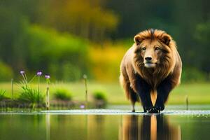 a lion walking across a pond in the middle of a field. AI-Generated photo