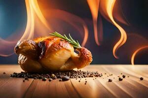 a roasted chicken on a wooden table with fire and spices. AI-Generated photo