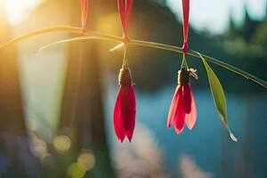 red flowers hanging from a branch in the sun. AI-Generated photo