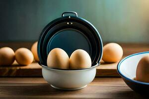 eggs in a bowl on a table. AI-Generated photo