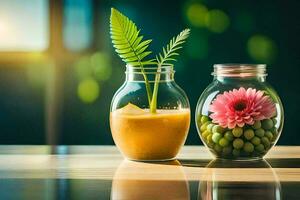 two glass jars with fruit and flowers in them. AI-Generated photo