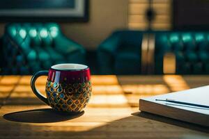 a coffee cup sits on a table with a notebook and pen. AI-Generated photo