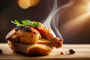 a grilled chicken on a wooden table with smoke. AI-Generated photo