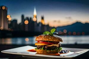 a hamburger on a plate with a city view. AI-Generated photo