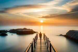 a man standing on a wooden bridge over the ocean. AI-Generated photo