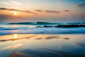 un puesta de sol terminado el Oceano con olas y un tabla de surf. generado por ai foto