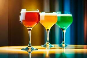 three glasses of different colored drinks on a table. AI-Generated photo