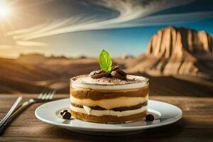 the dessert is served on a plate with a fork and knife. AI-Generated photo