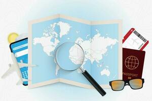 Travel destination Gambia, tourism mockup with travel equipment and world map with magnifying glass on a Gambia. vector