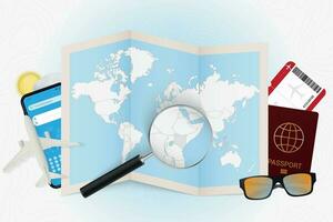 Travel destination Kenya, tourism mockup with travel equipment and world map with magnifying glass on a Kenya. vector