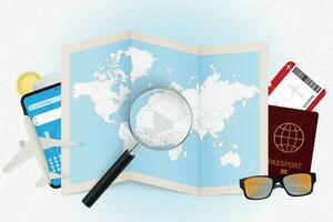 Travel destination Mali, tourism mockup with travel equipment and world map with magnifying glass on a Mali. vector