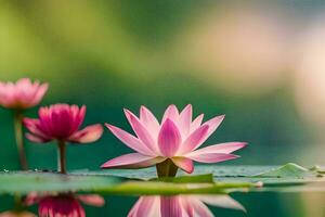two pink lotus flowers are reflected in the water. AI-Generated photo