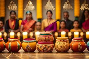 un grupo de personas en indio vestir sentado alrededor un mesa con vistoso ollas. generado por ai foto