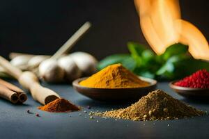 spices and herbs on a table. AI-Generated photo