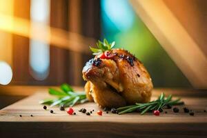 a chicken on a wooden cutting board with spices. AI-Generated photo