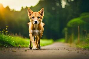 a dog walking on a road in the middle of a field. AI-Generated photo