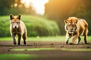 two tigers walking in the field. AI-Generated photo