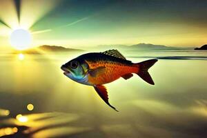 pescado en el Oceano a puesta de sol. generado por ai foto