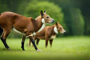 two brown deer are standing in the grass. AI-Generated photo