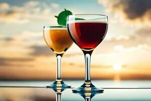 two glasses of wine with a sunset in the background. AI-Generated photo