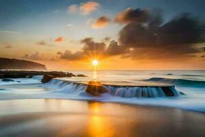a beautiful sunset over the ocean with waves crashing into the shore. AI-Generated photo