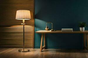 a desk with a lamp and a lampshade. AI-Generated photo