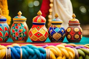 colorful painted pots on a table with colorful rope. AI-Generated photo