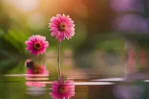 dos rosado flores son reflejado en el agua. generado por ai foto