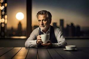 an older man sitting at a table with a cup of coffee. AI-Generated photo